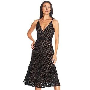 Dress The Population Gracie Sequin V-Neck Cocktail Midi Dress Black Nude‎ XXS